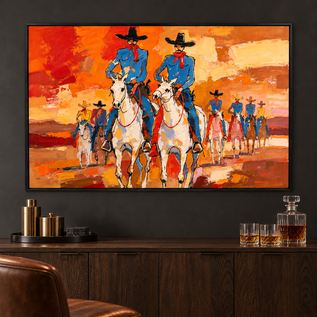 Two cowboys on horseback in an orange landscape, displayed near a home bar