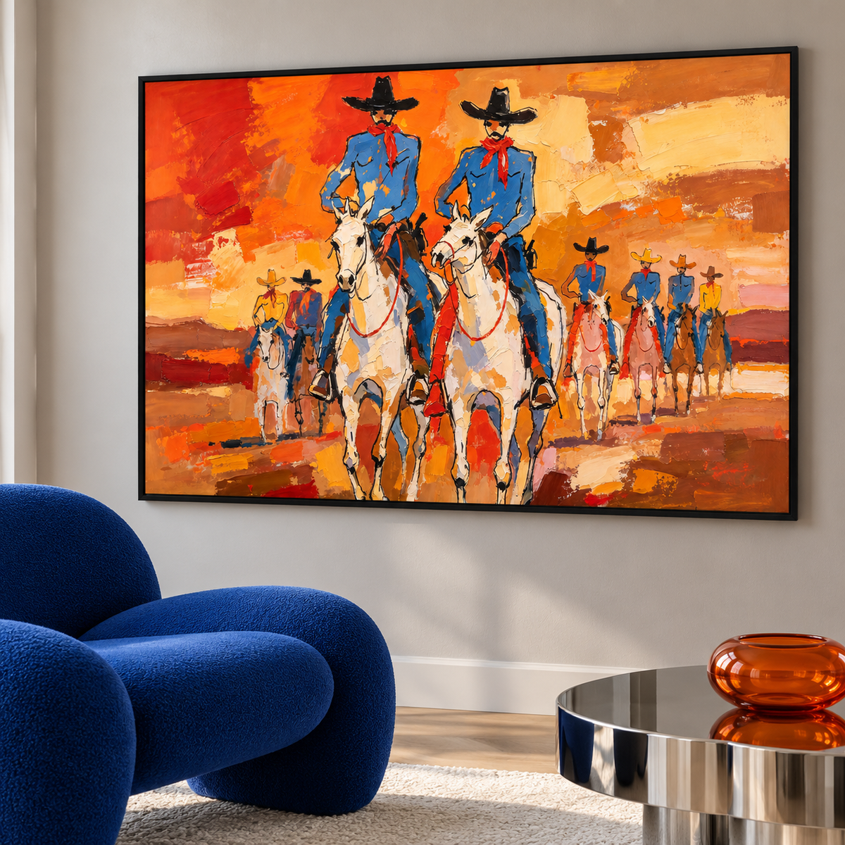 Two Riders, Open Sky displayed in a relaxed seating area