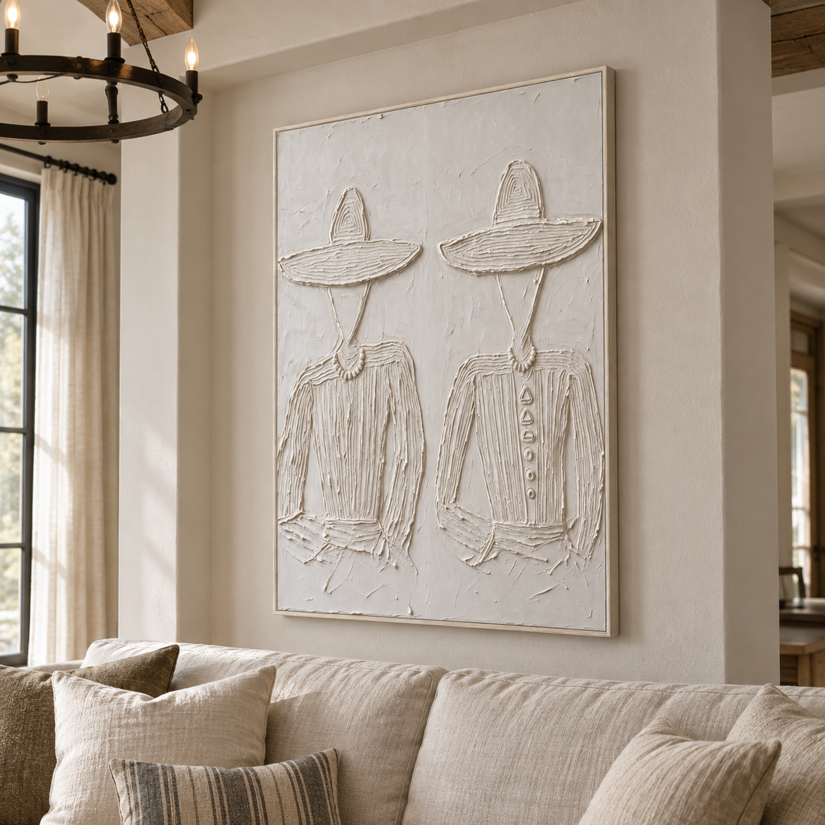 Two faceless figures wearing broad white hats and patterned white shirts against a white background, shown from an angle in the room.