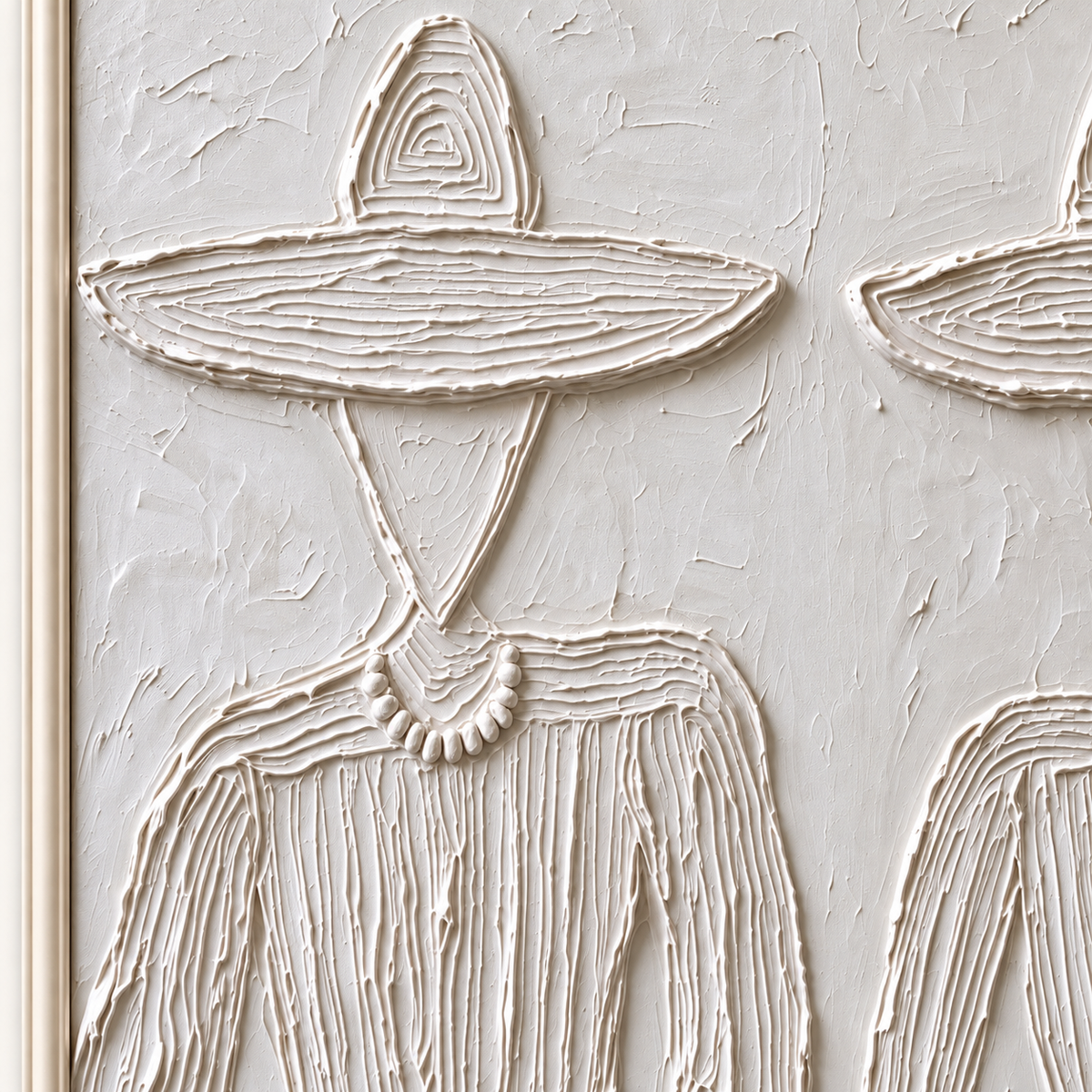 Two faceless figures wearing broad white hats and patterned white shirts against a white background, close-up of the painted details.