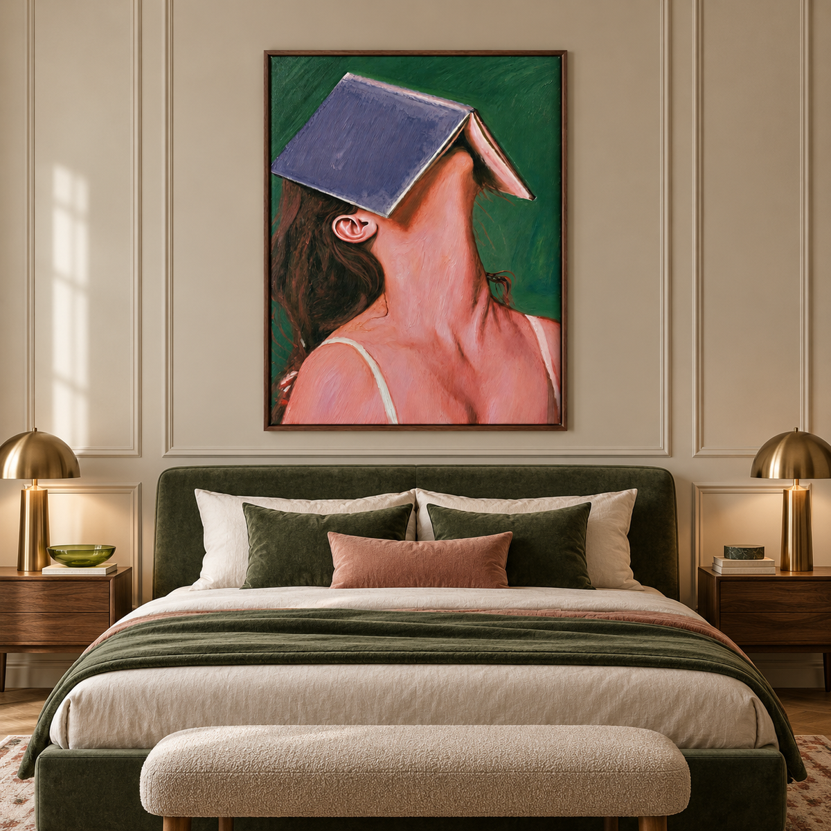 A close portrait of a woman leaning back with a large violet-blue book covering her forehead and eyes against a deep green background, in a bedroom.