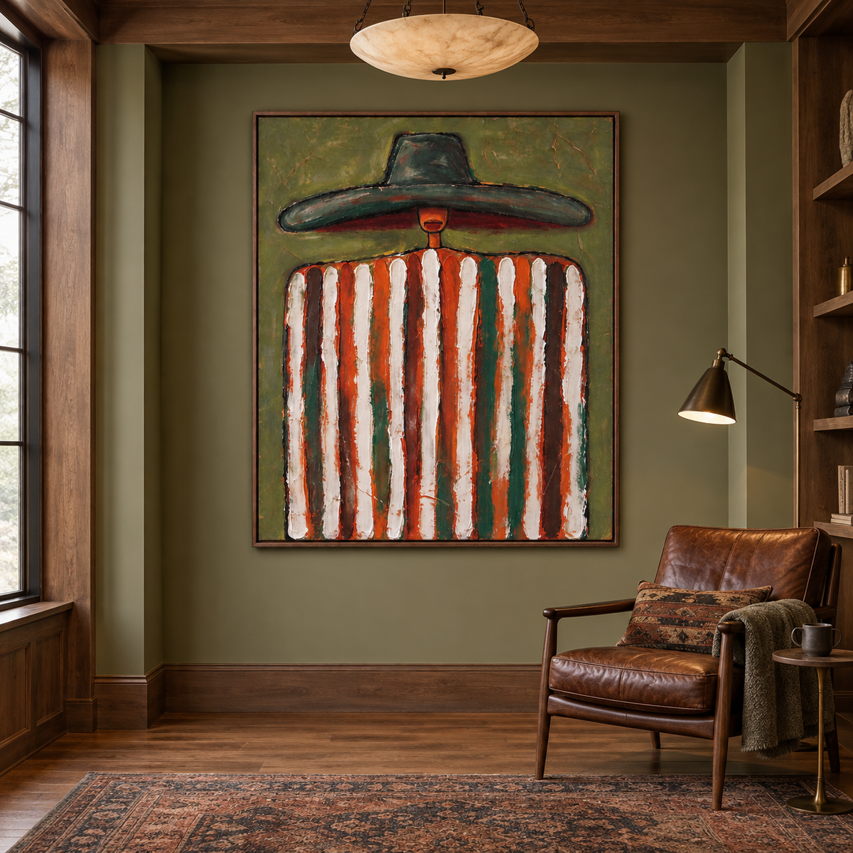 A figure in an oversized dark green hat with rust-red and white vertical stripes against an olive background, shown in an interior setting.