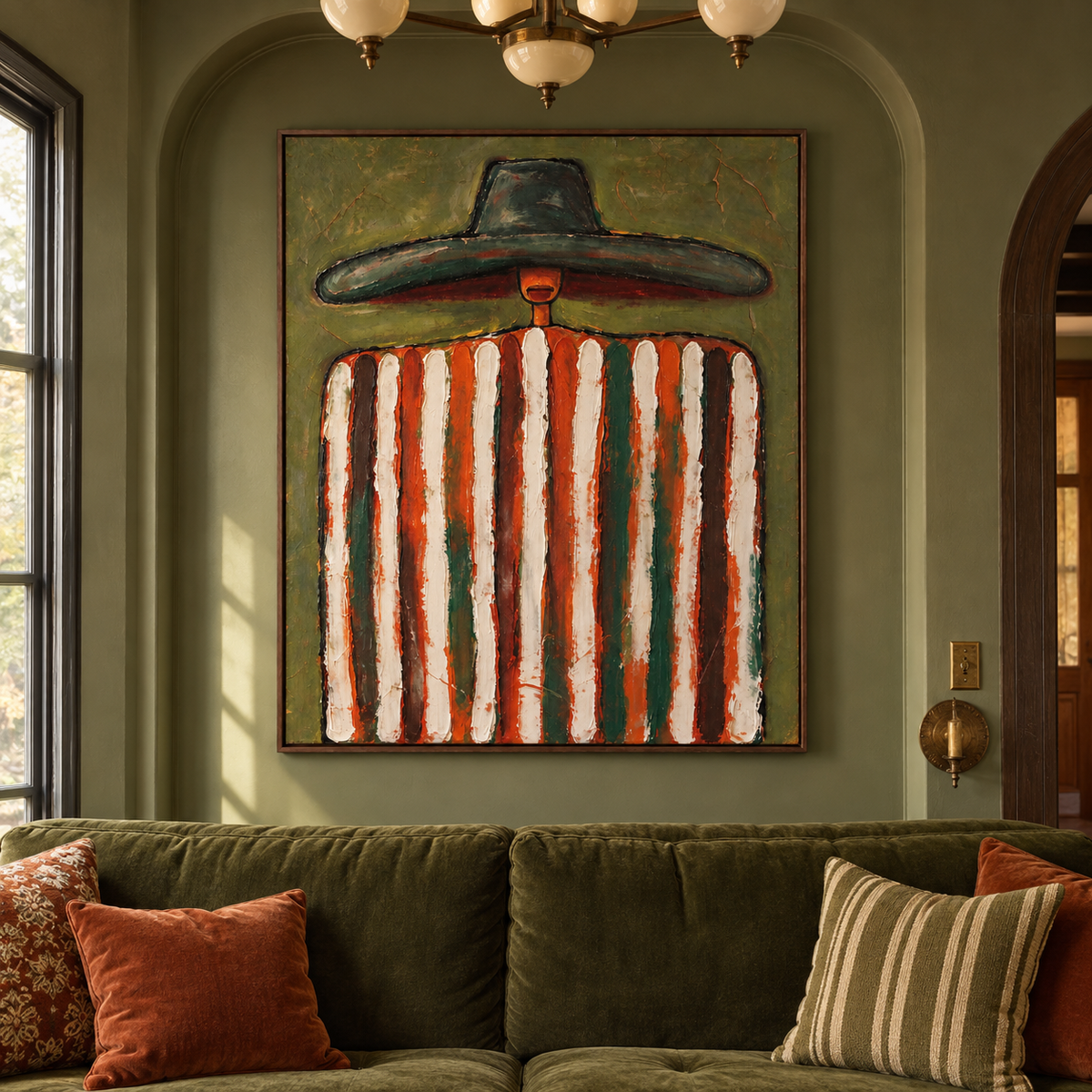 A figure in an oversized dark green hat with rust-red and white vertical stripes against an olive background, shown in a living room.