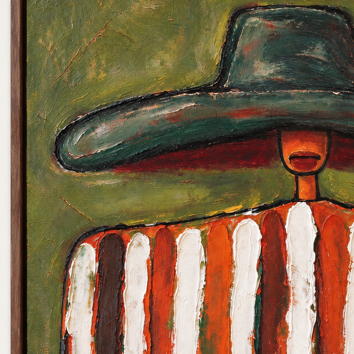A figure in an oversized dark green hat with rust-red and white vertical stripes against an olive background, close-up of the painted details.