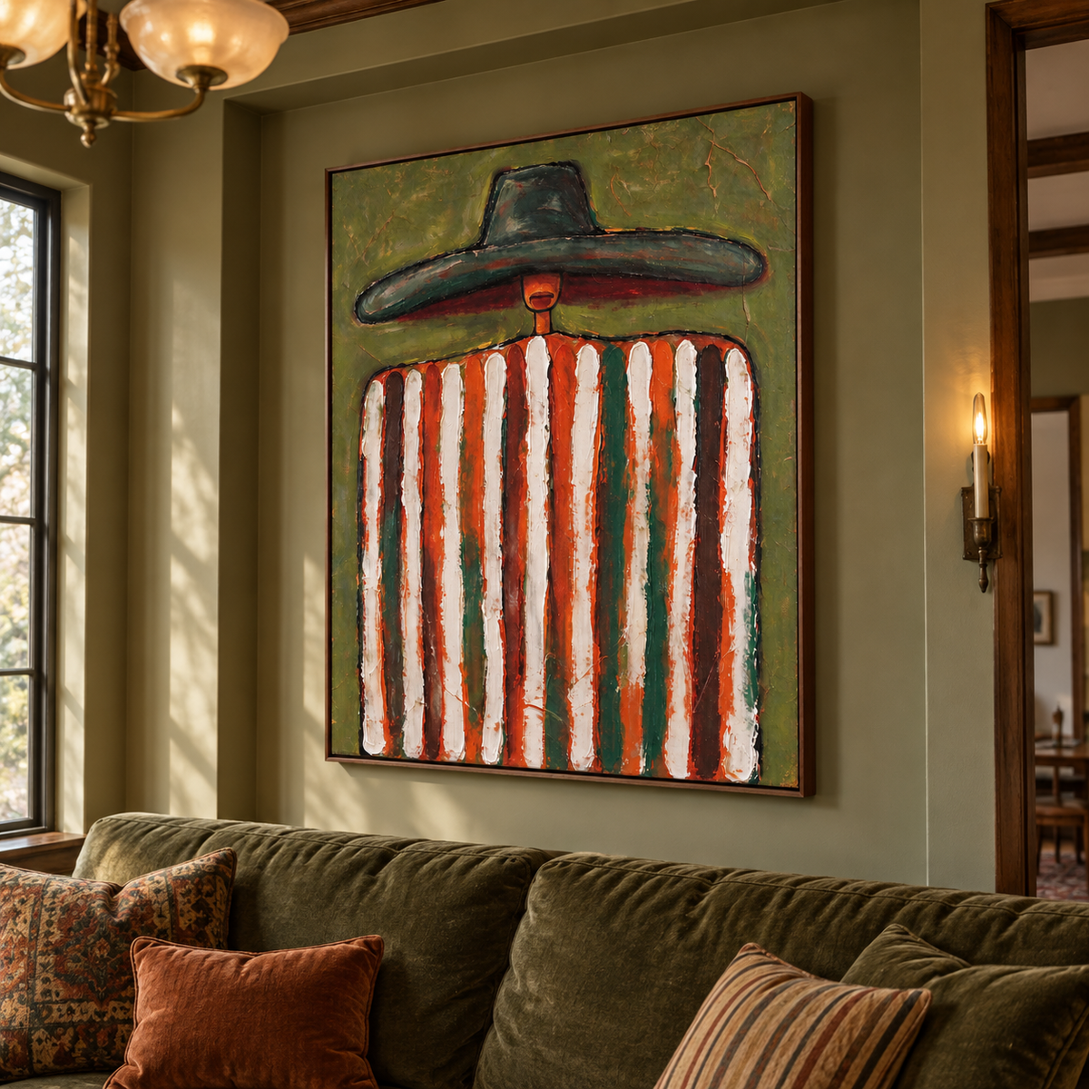 A figure in an oversized dark green hat with rust-red and white vertical stripes against an olive background, shown from an angle.