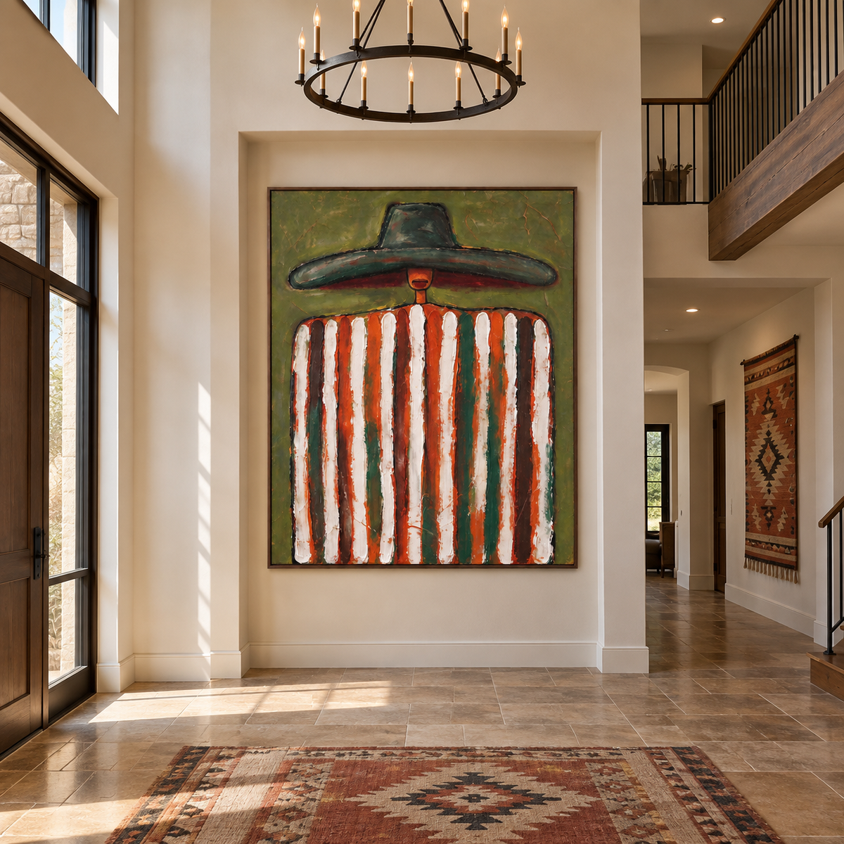 A figure in an oversized dark green hat with rust-red and white vertical stripes against an olive background, shown in a room setting.