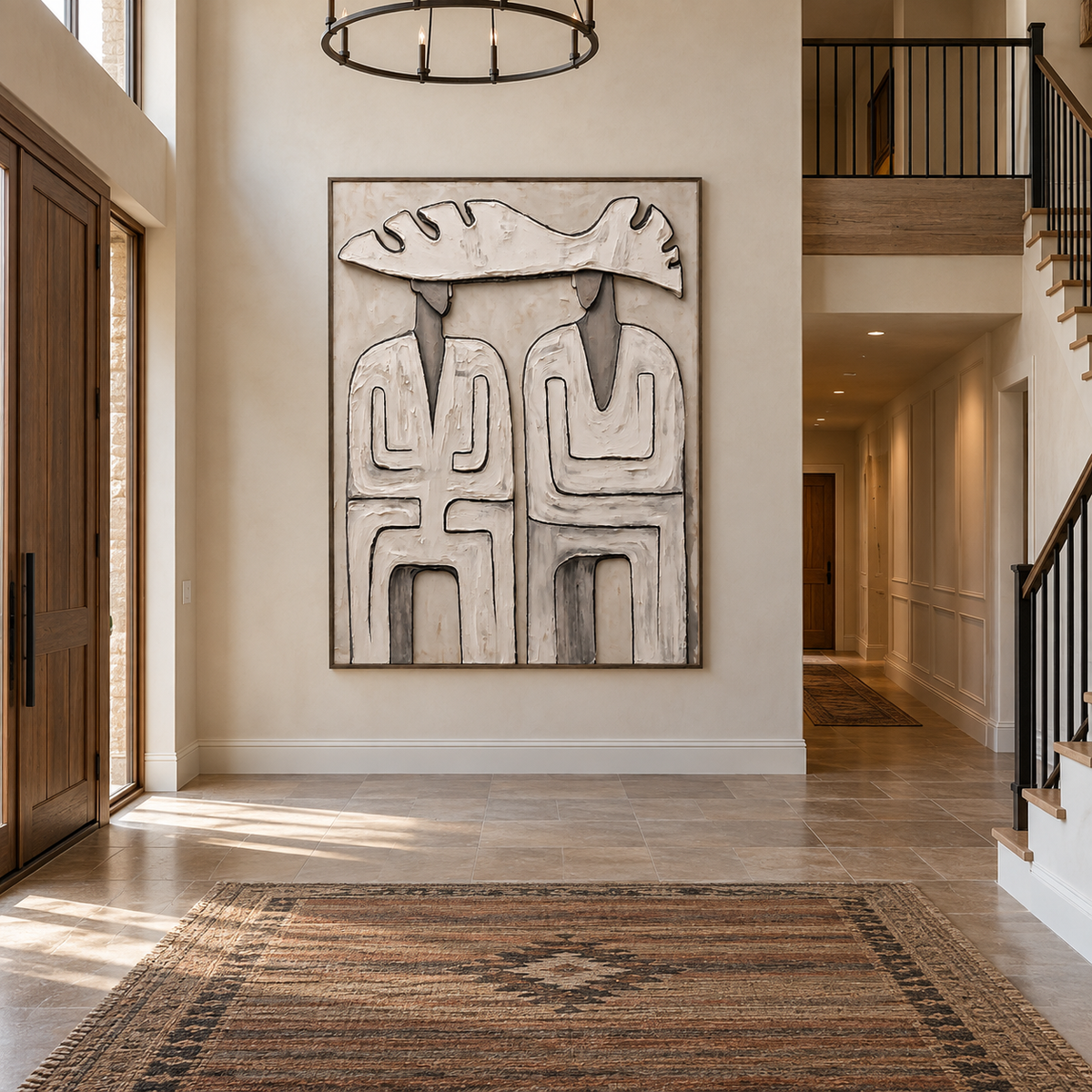 Two abstract figures beneath a single wide pale hat with dark geometric outlines on a warm neutral background, shown in a southwestern entryway.