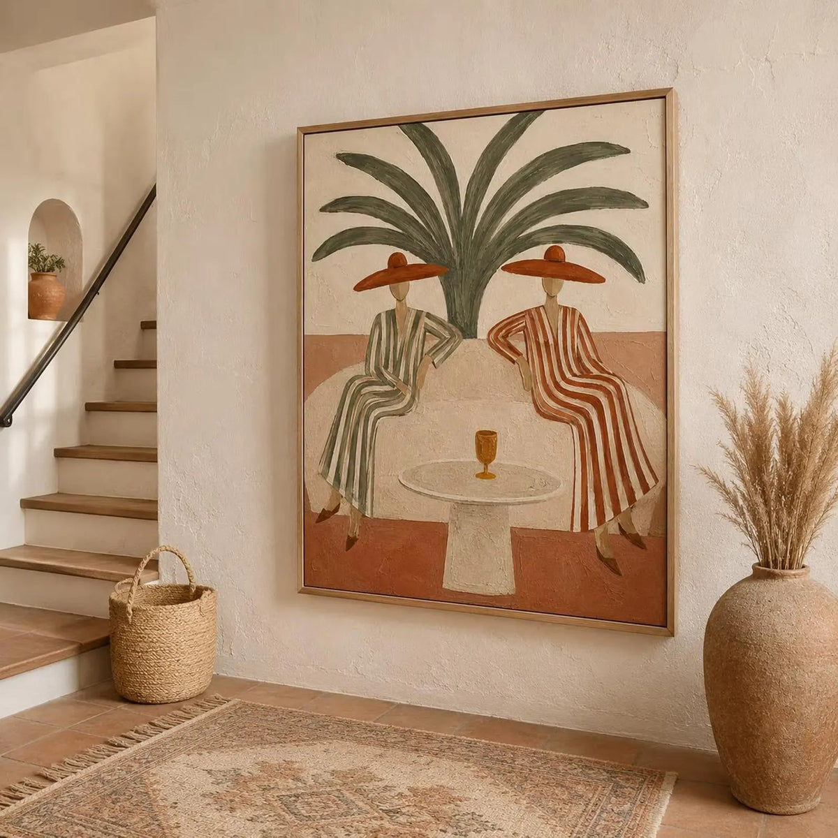 Two women in striped dresses and rust-colored hats seated at a round table beneath a large palm, shown in room setting 4.