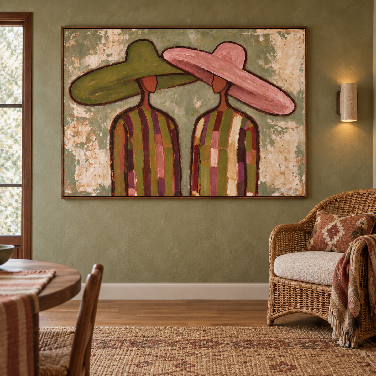 Two figures wearing broad green and pink hats that tilt toward each other above boldly striped clothing, shown in a bohemian reading room.