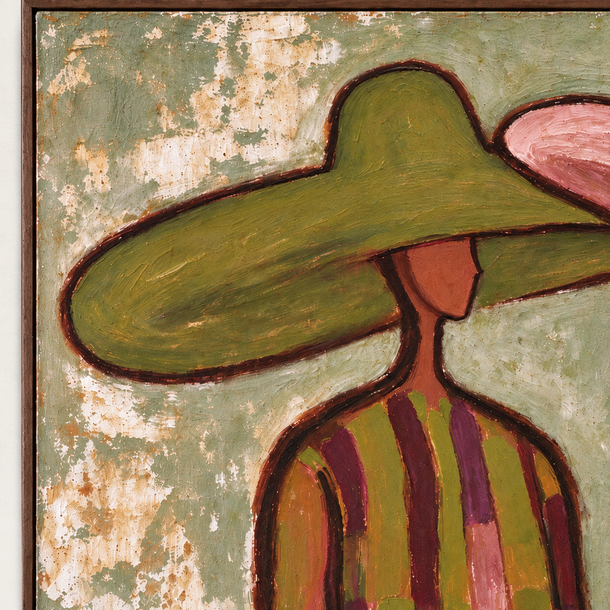Two figures wearing broad green and pink hats that tilt toward each other above boldly striped clothing, close-up of the painted details.