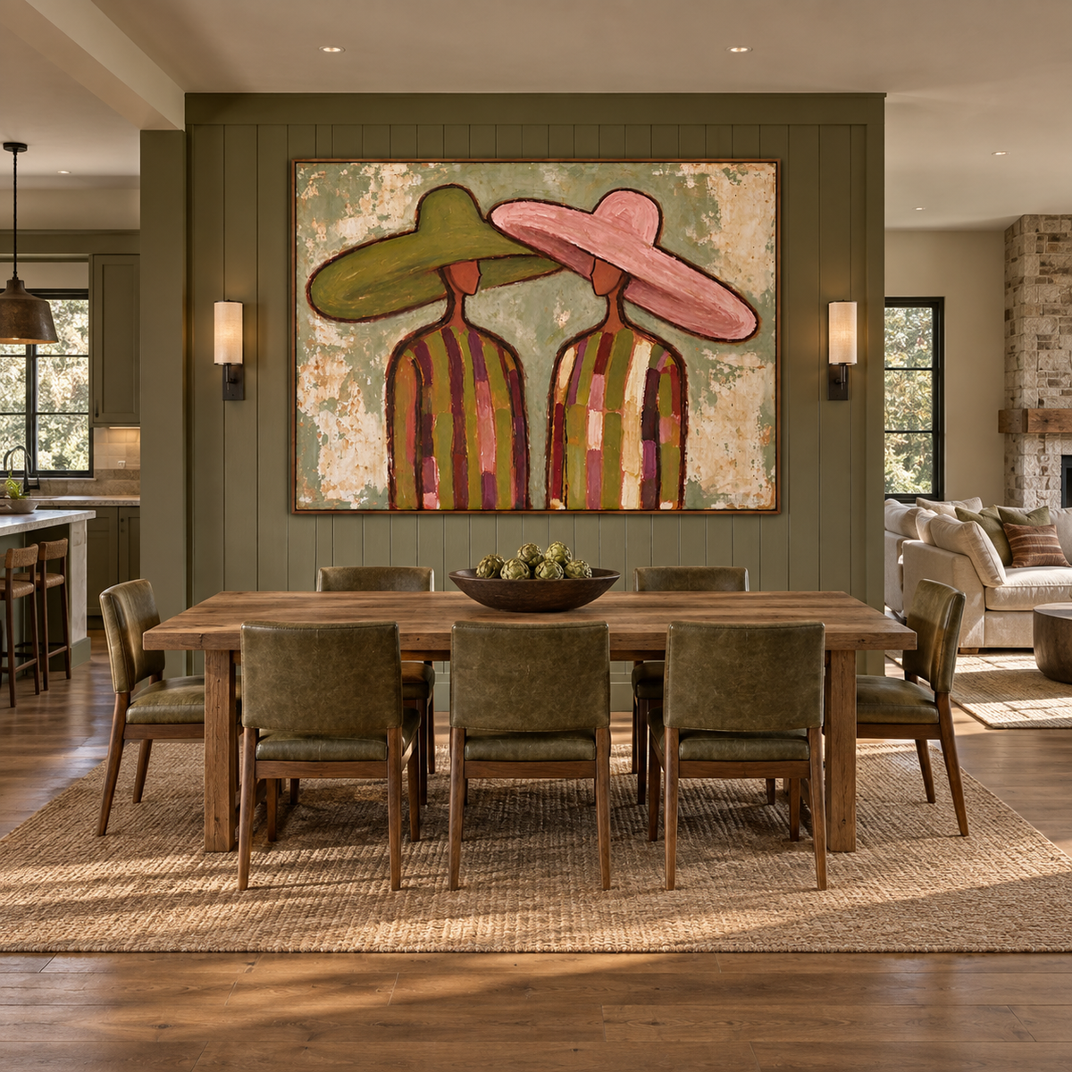 Two figures wearing broad green and pink hats that tilt toward each other above boldly striped clothing, shown in a ranch dining room.