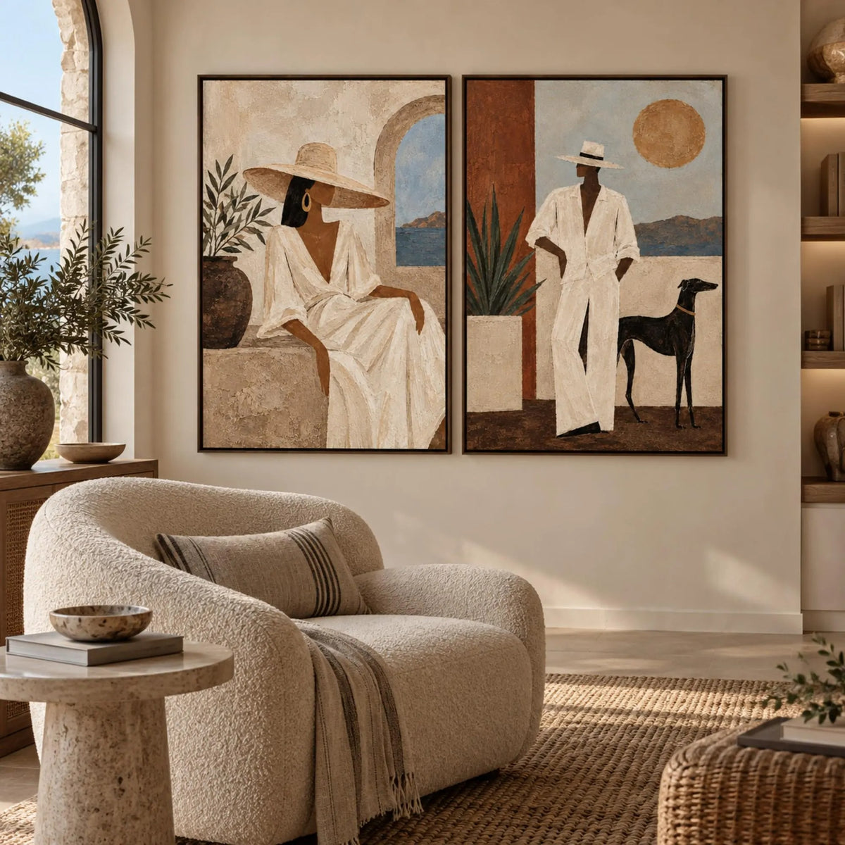 A two-panel set showing a seated woman in a cream dress and a man in a white suit beside a black dog with warm architectural shapes, shown in room setting 2.