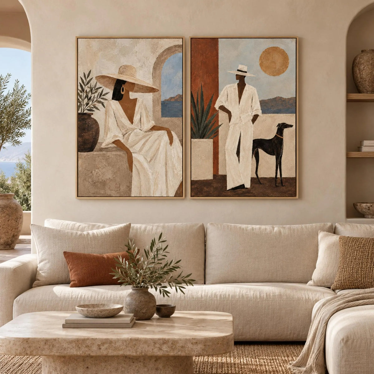A two-panel set showing a seated woman in a cream dress and a man in a white suit beside a black dog with warm architectural shapes, shown in room setting 3.