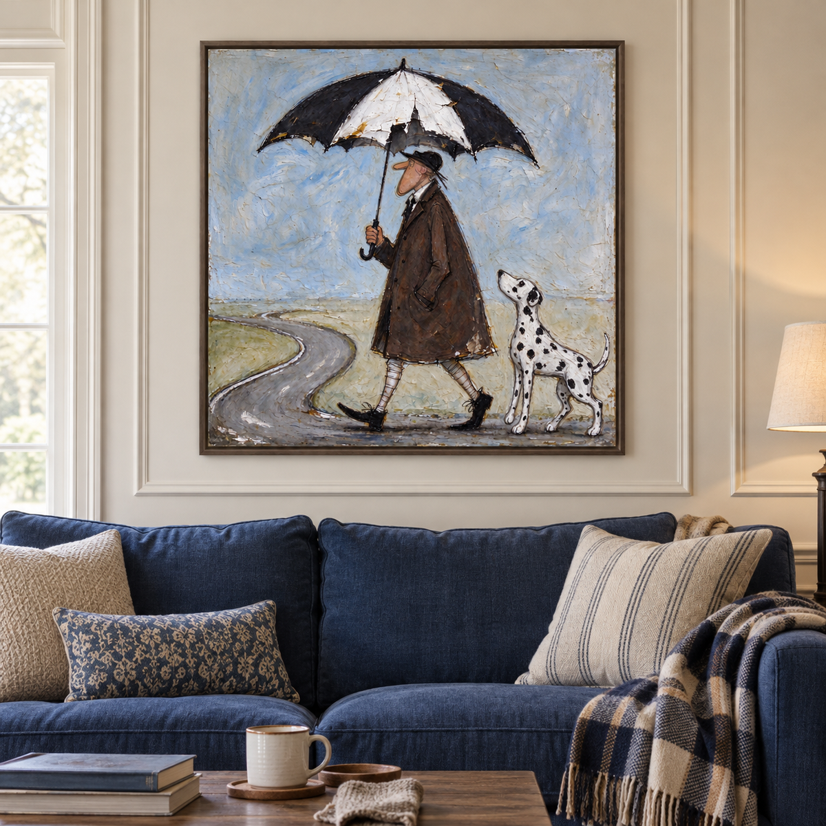 A man in a brown coat walking beneath a large black-and-white umbrella with a Dalmatian looking up at him beside a winding gray road under a pale blue sky, shown in room setting 2.