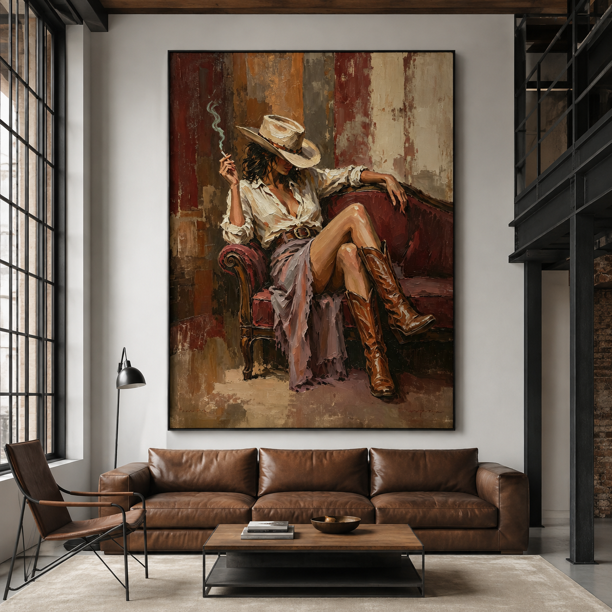 Hand-painted Western woman wall art with a vintage red chair