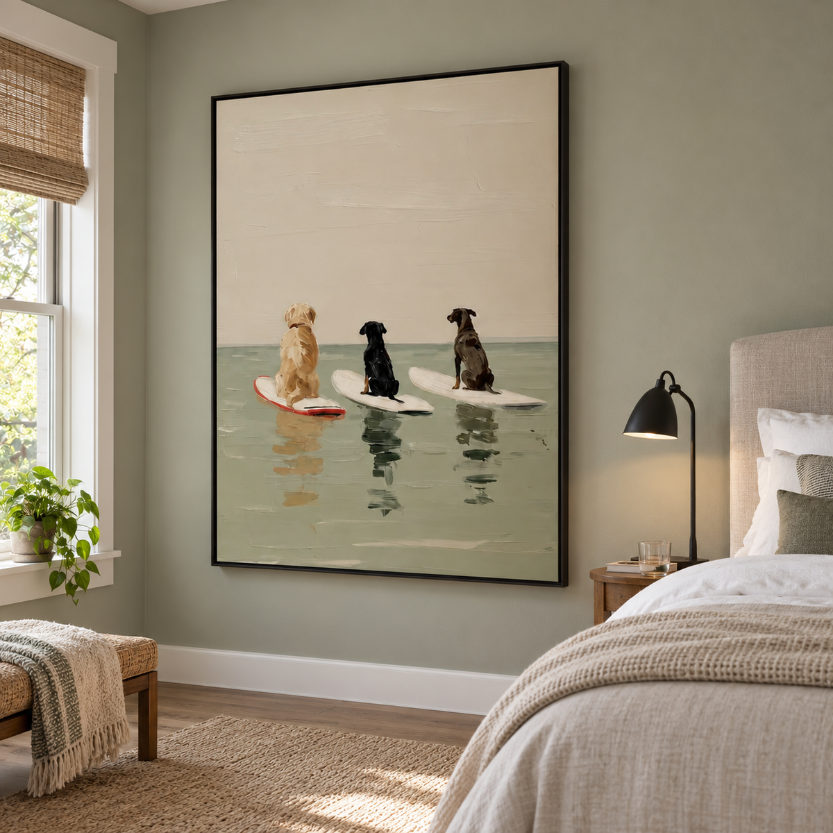Three dogs viewed from behind sitting on separate surfboards in pale green water beneath a large beige sky, shown in room setting 5.