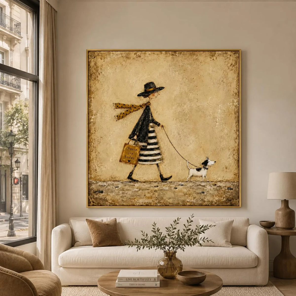 A slender woman in a black hat and striped skirt walking a small black-and-white dog against a warm beige background, shown in room setting 2.