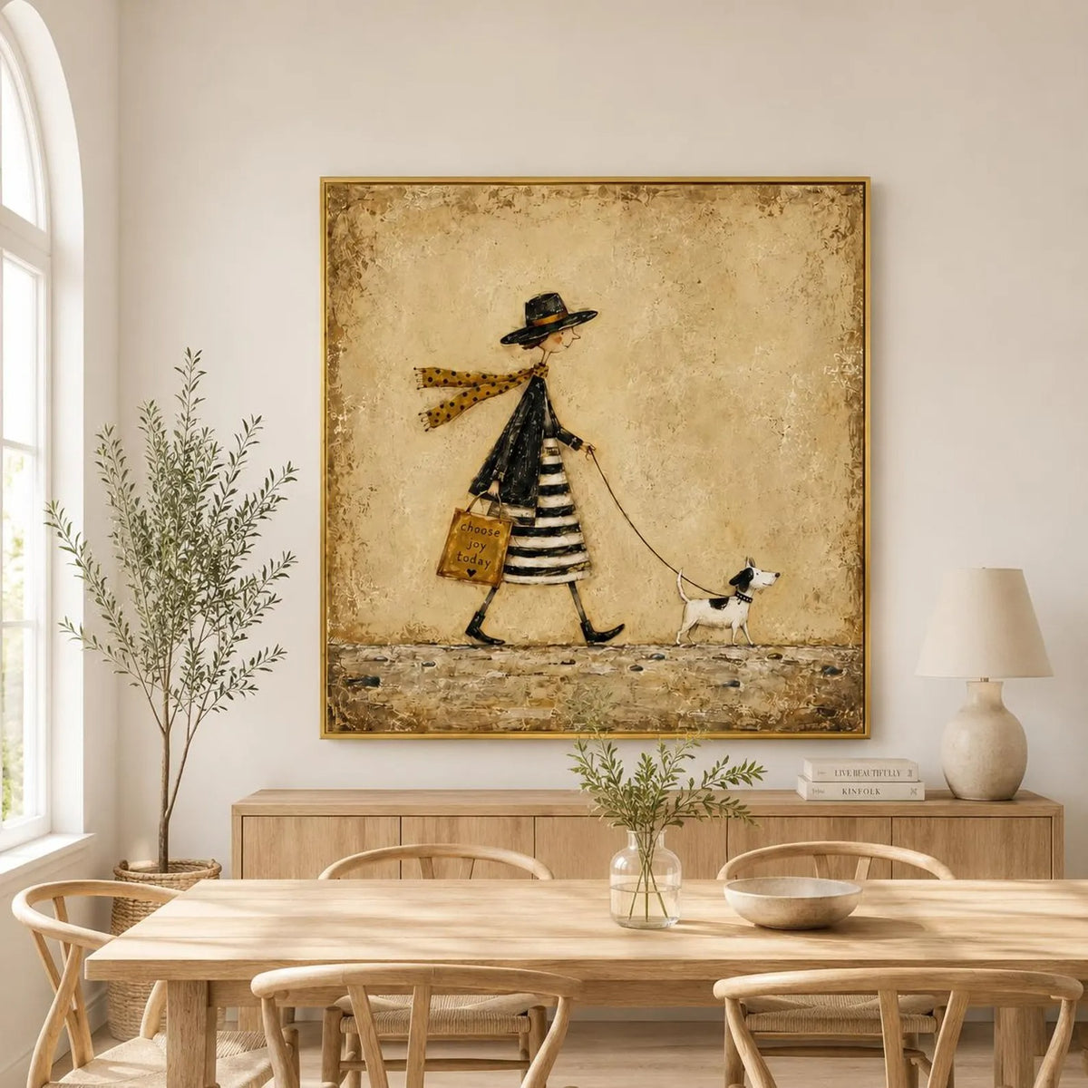 A slender woman in a black hat and striped skirt walking a small black-and-white dog against a warm beige background, shown in room setting 3.