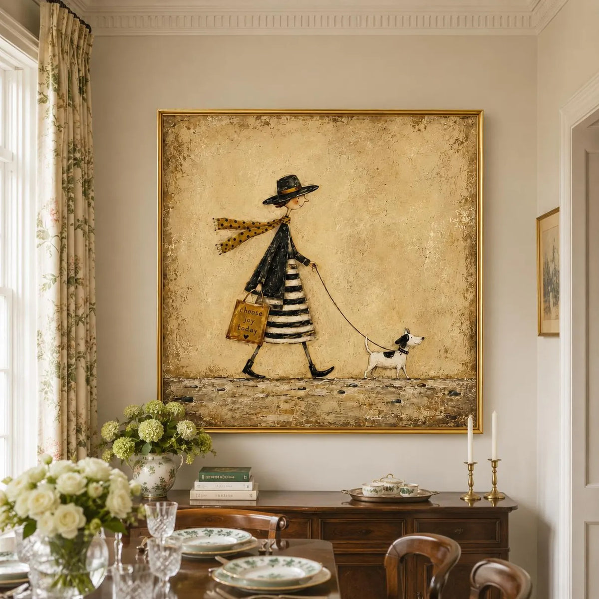 A slender woman in a black hat and striped skirt walking a small black-and-white dog against a warm beige background, shown in room setting 4.