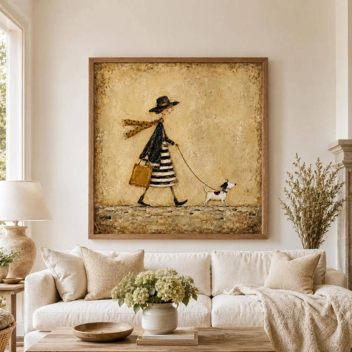 A slender woman in a black hat and striped skirt walking a small black-and-white dog against a warm beige background, shown in room setting 6.