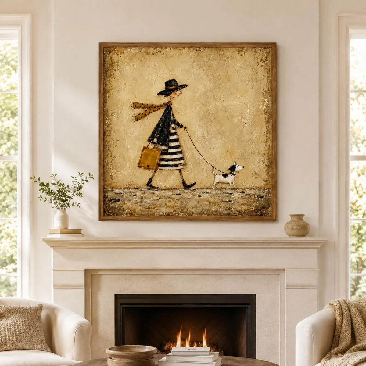 A slender woman in a black hat and striped skirt walking a small black-and-white dog against a warm beige background, shown in room setting 7.