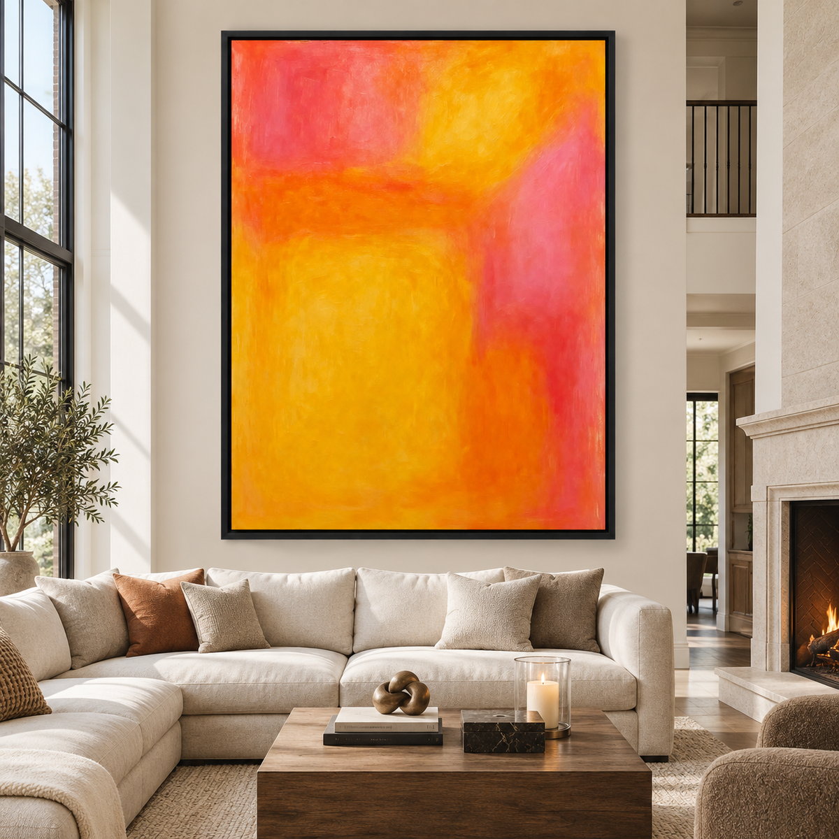 Orange and golden yellow abstract color fields with soft coral pink edges, in a large living room.