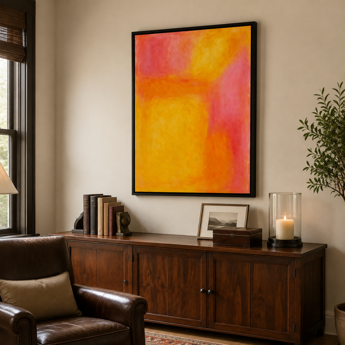 Orange and golden yellow abstract color fields with soft coral pink edges, shown from an angle in a study.