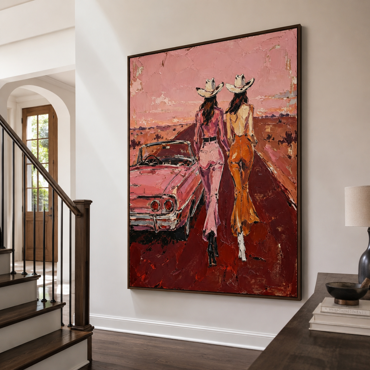 Western woman wall art featuring two cowgirls on an open road