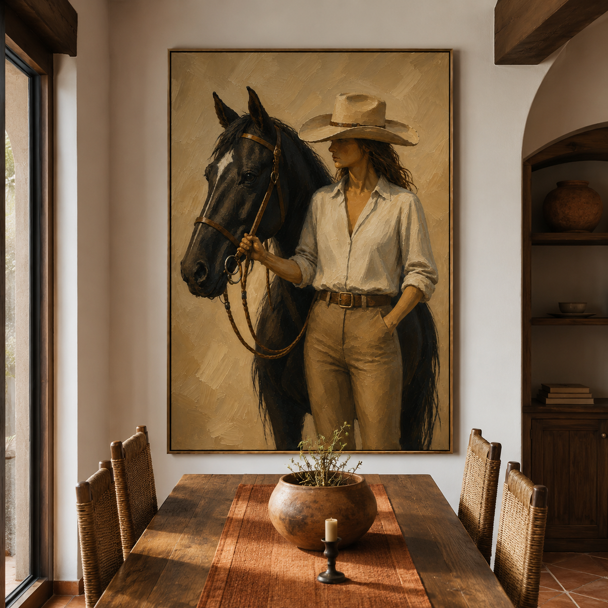 Cowgirl horse wall art displayed in a modern Western living room