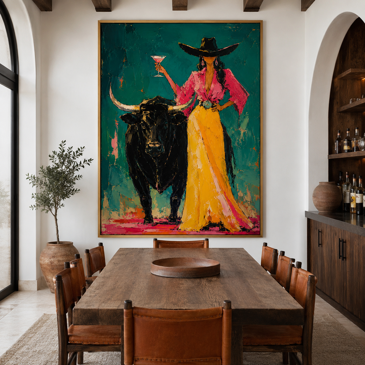 Colorful Texas Western wall art in pink gold and teal