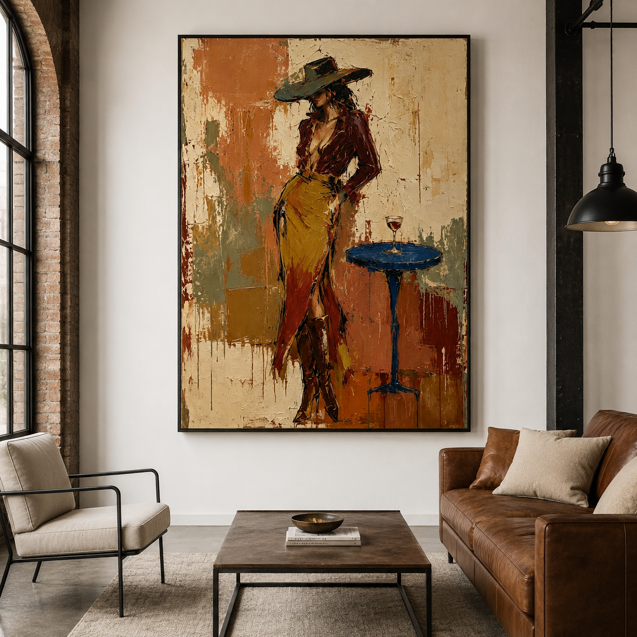 Hand-painted Western woman wall art with a glass of red wine