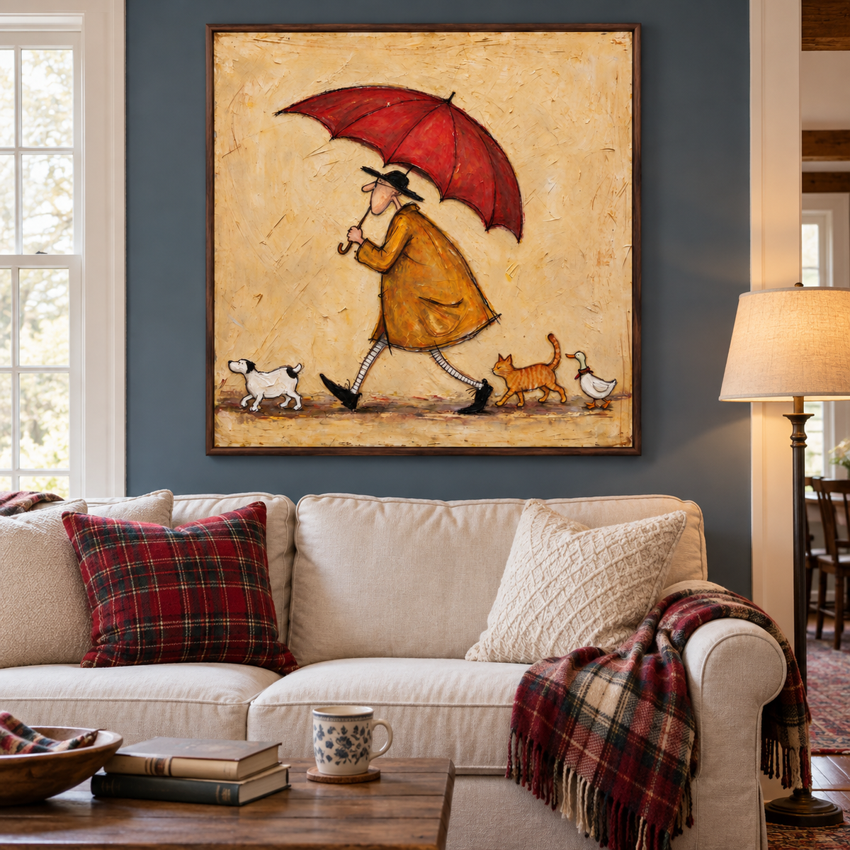 A long-nosed man in an ochre coat walking beneath a red umbrella with a small white dog, an orange cat and a white bird on a pale beige background, shown in room setting 1.
