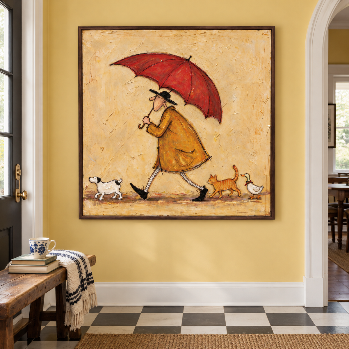 A long-nosed man in an ochre coat walking beneath a red umbrella with a small white dog, an orange cat and a white bird on a pale beige background, shown in room setting 3.