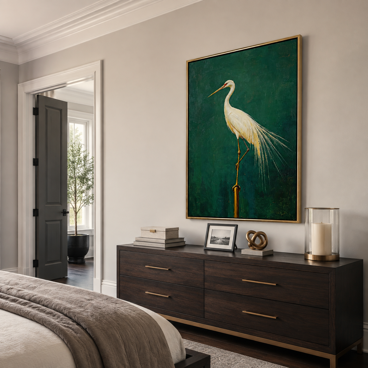 White egret with long trailing feathers perched against a deep green background, shown from an angle in a bedroom.