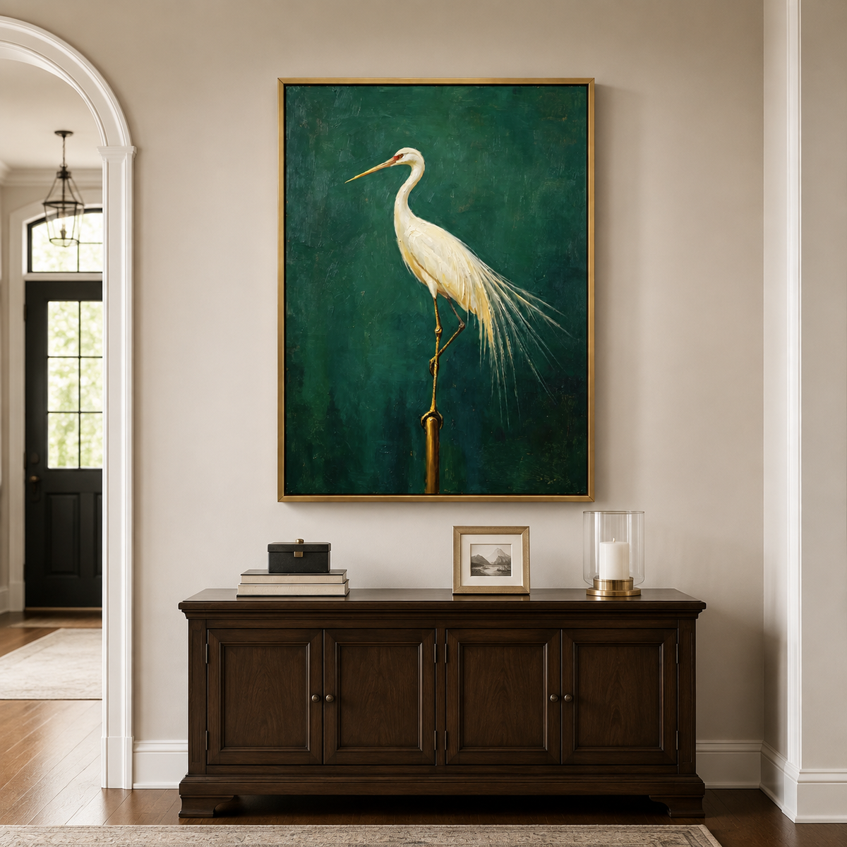 White egret with long trailing feathers perched against a deep green background, in an entryway.