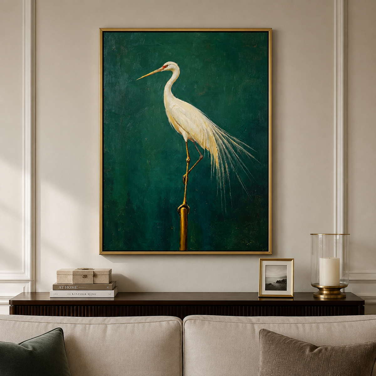 White egret with long trailing feathers perched against a deep green background, in a living room.