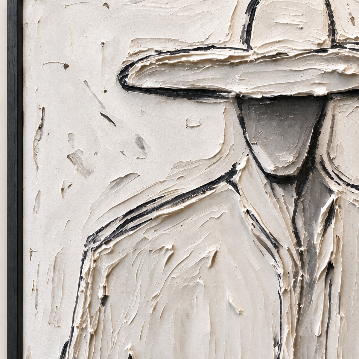 A faceless cowboy in a pale wide-brimmed hat and light shirt with dark trousers against an off-white background, close-up of the painted details.