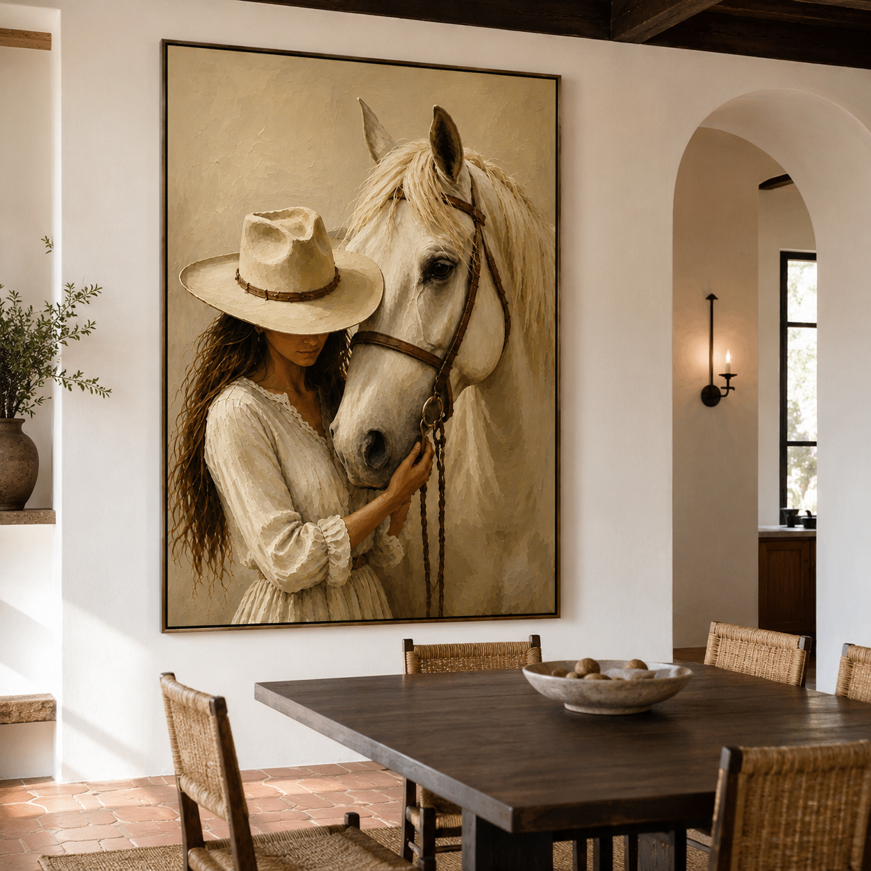 Western cowgirl wall art with white horse displayed in a modern living room