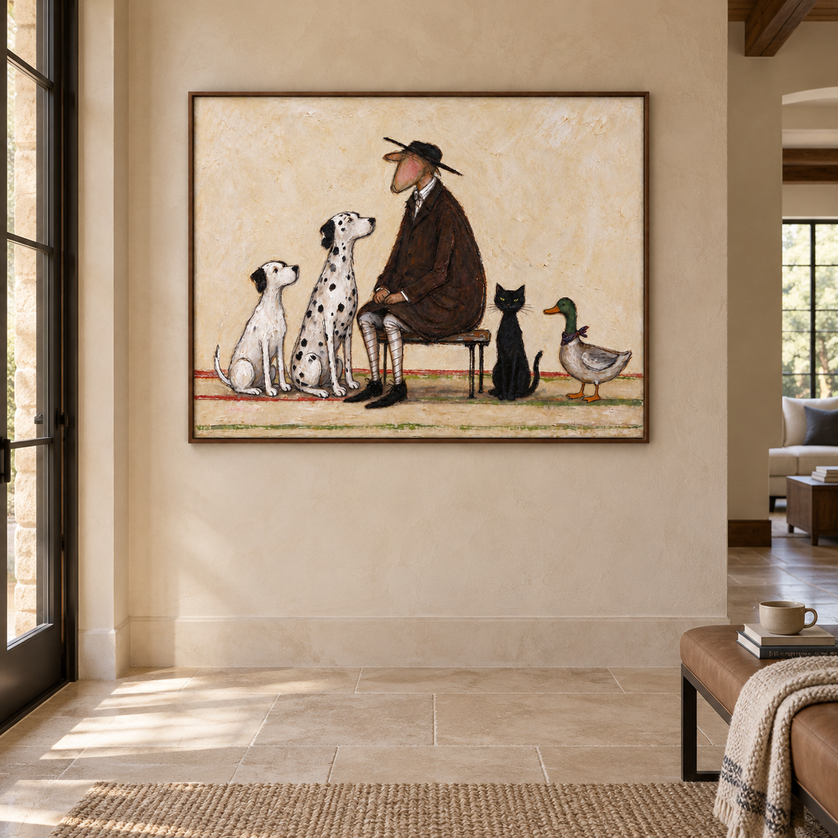 A seated man in a brown coat and black hat surrounded by two white dogs, a black cat and a duck on a pale beige background, shown in room setting 2.