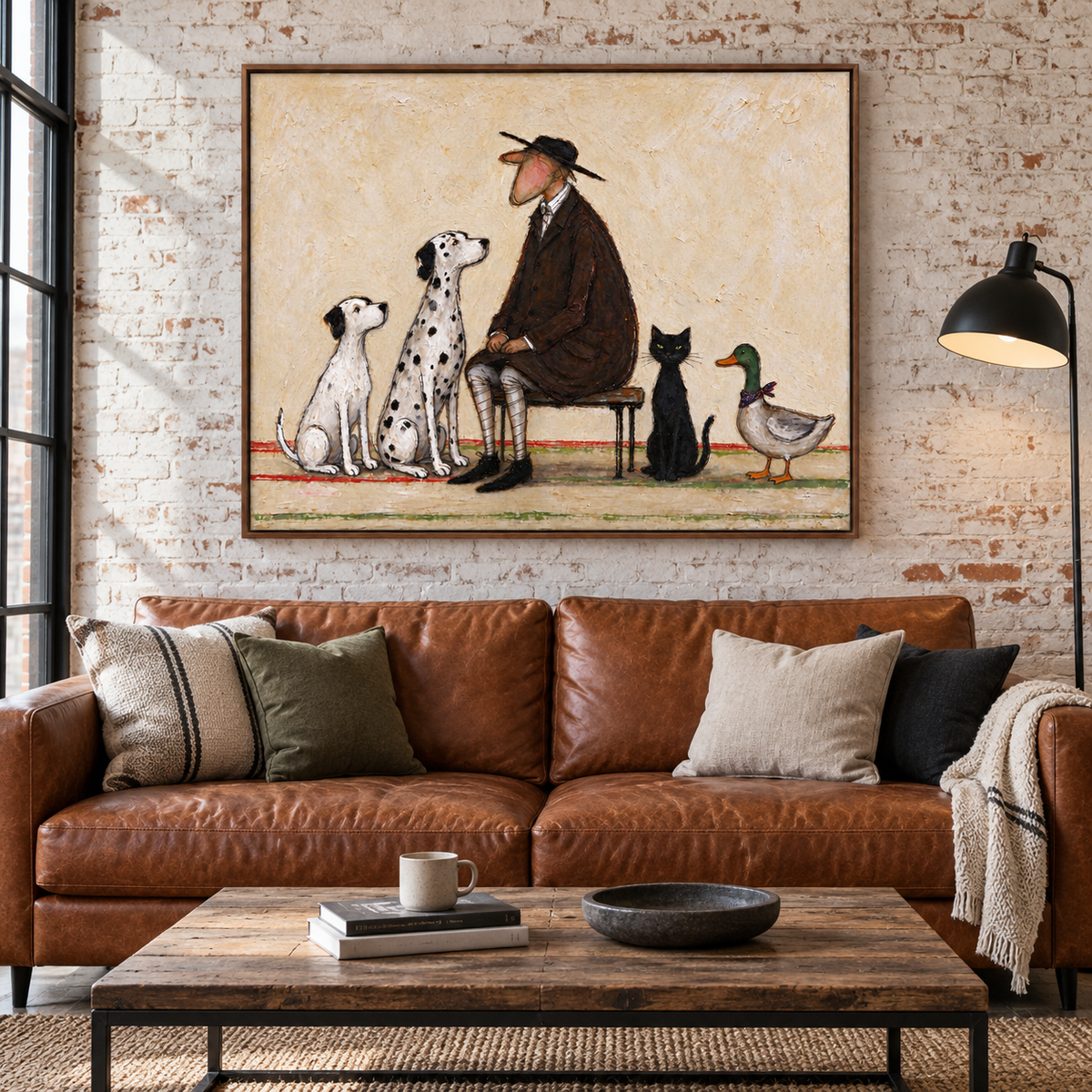 A seated man in a brown coat and black hat surrounded by two white dogs, a black cat and a duck on a pale beige background, shown in room setting 3.
