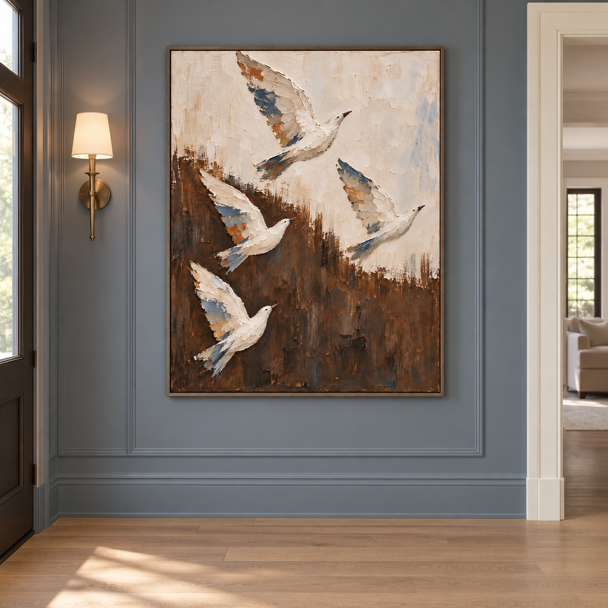 Four white birds rising across a cream and deep brown background with small blue and ochre wing accents, in a modern classic entryway.
