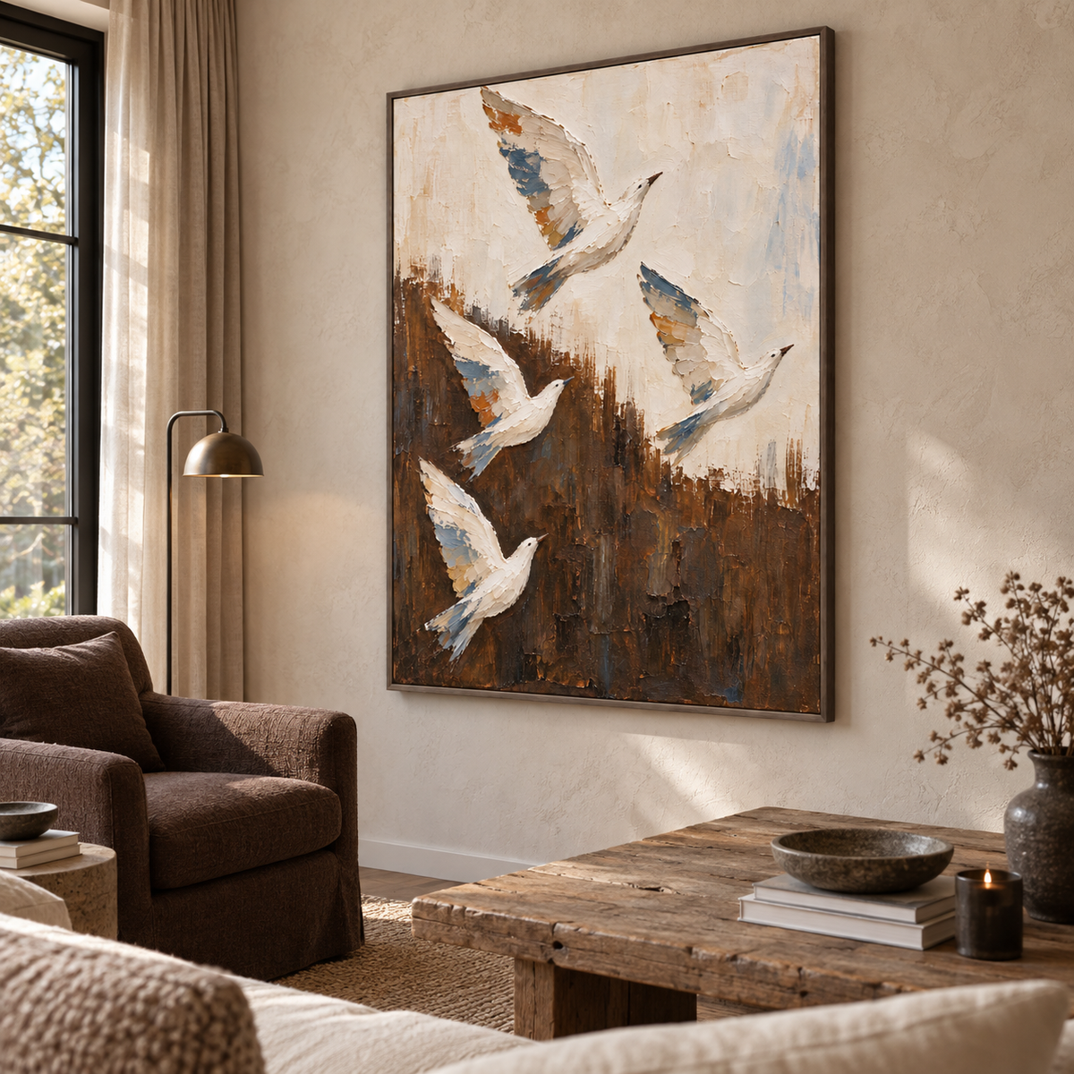 Four white birds rising across a cream and deep brown background with small blue and ochre wing accents, shown from an angle in a living room.