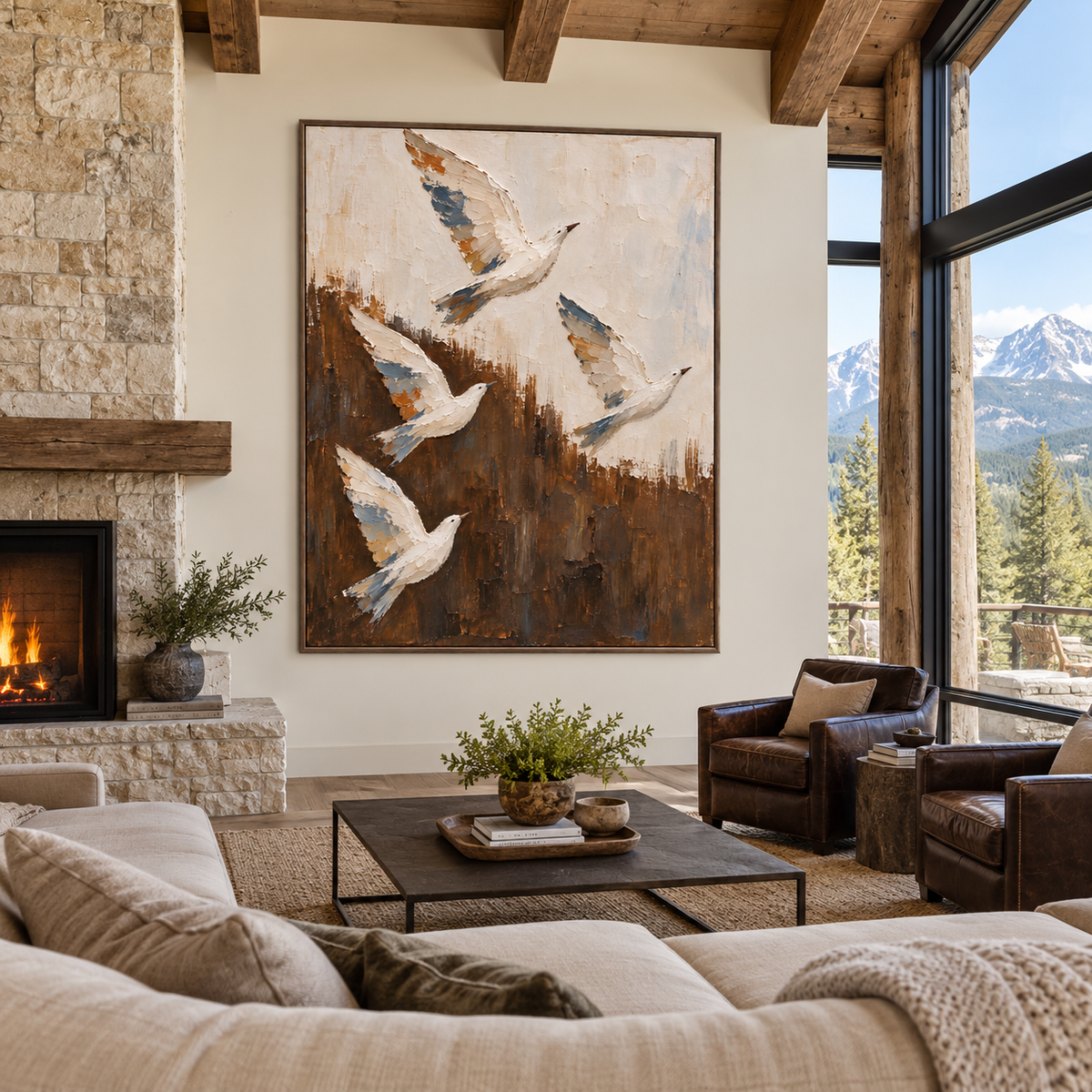 Four white birds rising across a cream and deep brown background with small blue and ochre wing accents, in a mountain-style living room.
