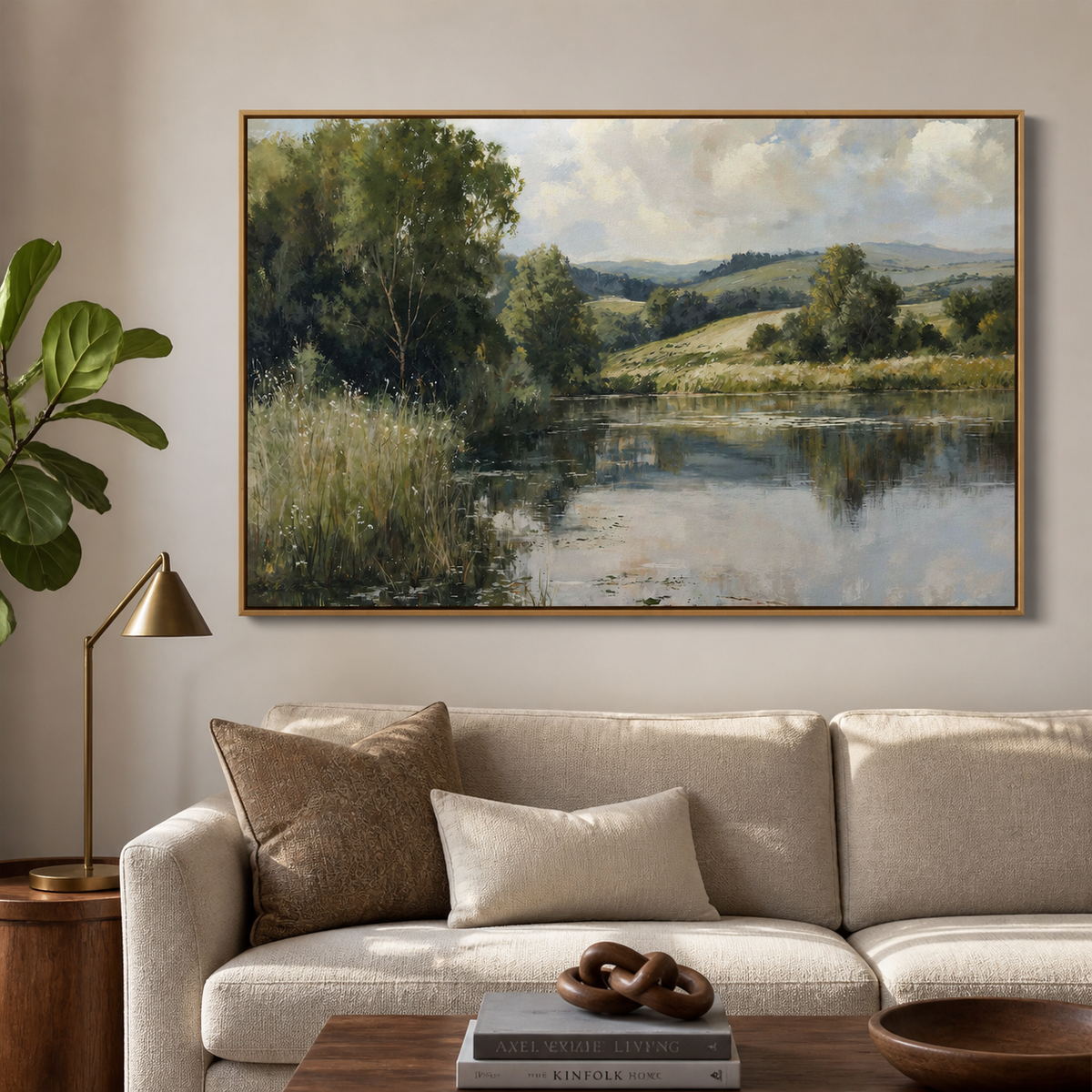 Countryside river landscape wall art with reflective water, green trees and rolling hills displayed above a neutral living room sofa.