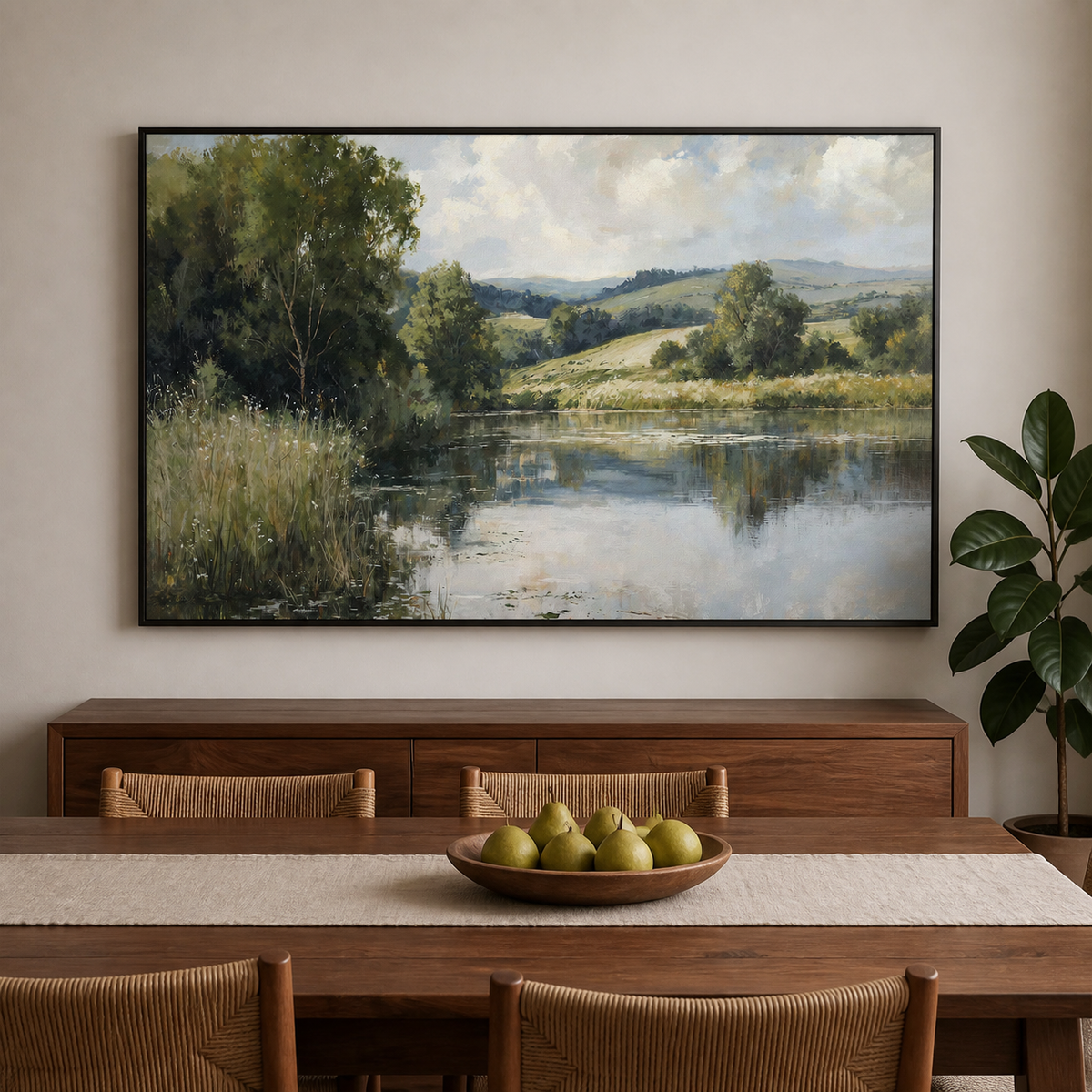 Countryside river landscape wall art with reflective water, green trees and rolling hills displayed above a neutral living room sofa.