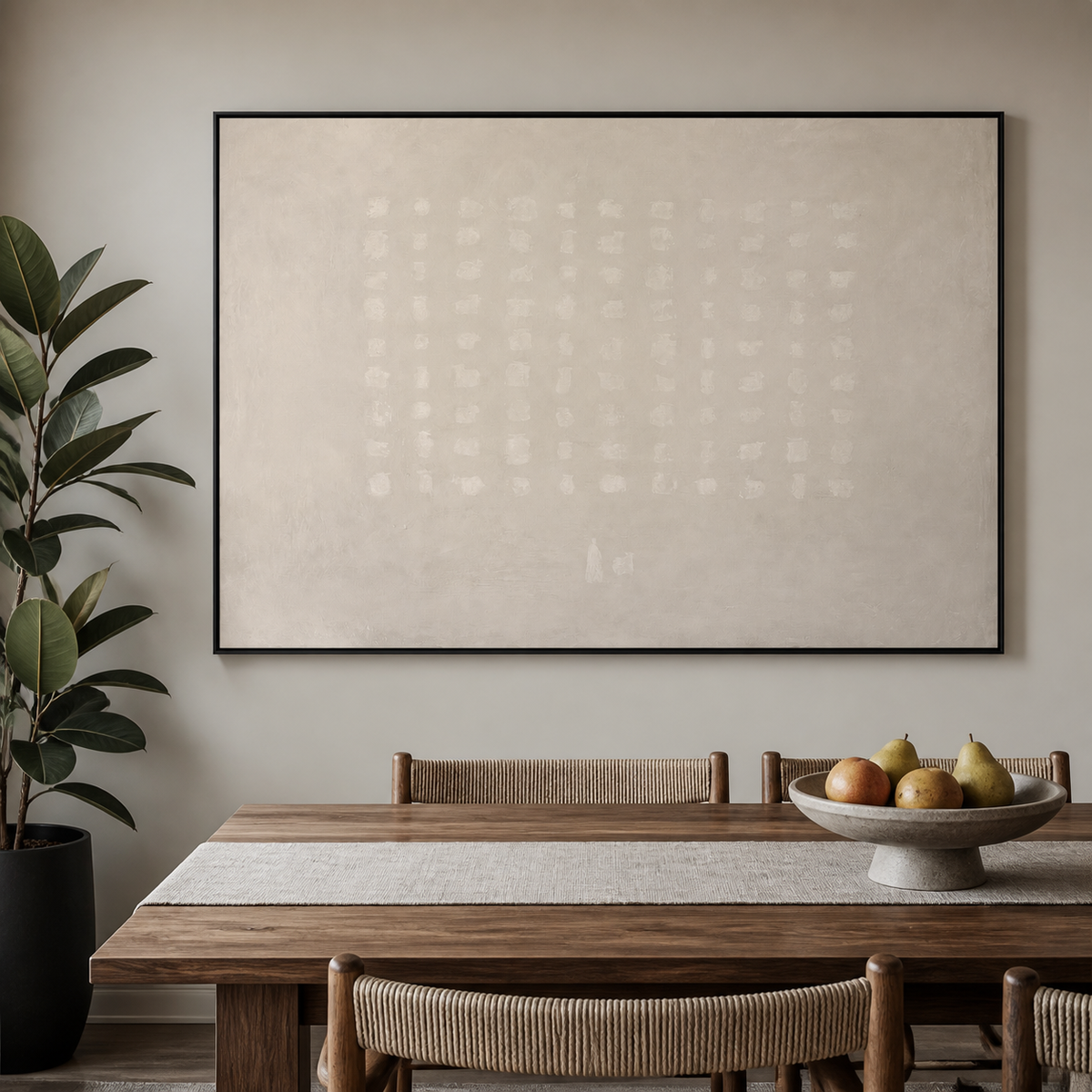 Neutral ivory textured wall art with a subtle white grid pattern displayed above a wooden dining table.