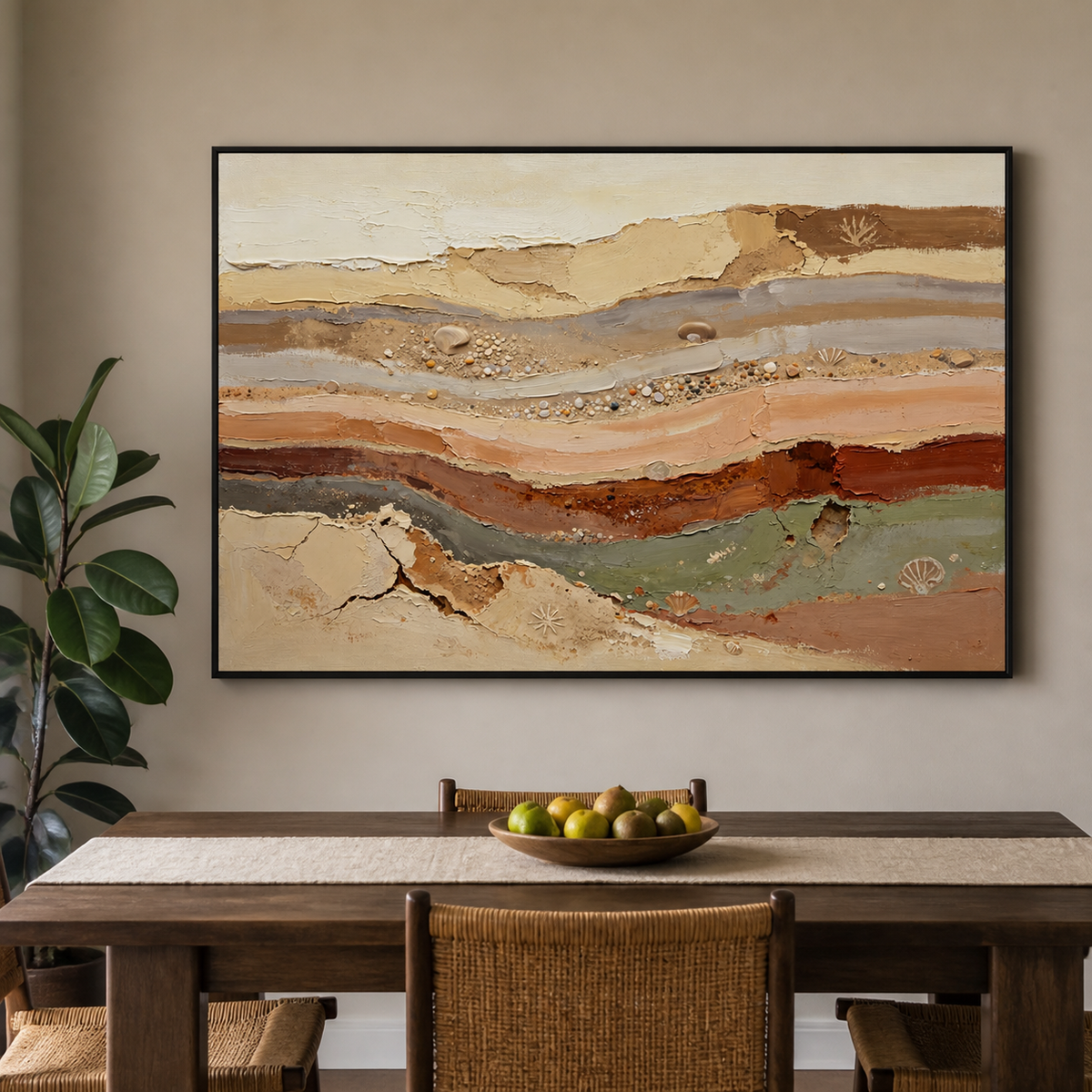 Neutral abstract coastal wall art with layered earth-tone textures, pebbles and seashell details displayed above a dining table.