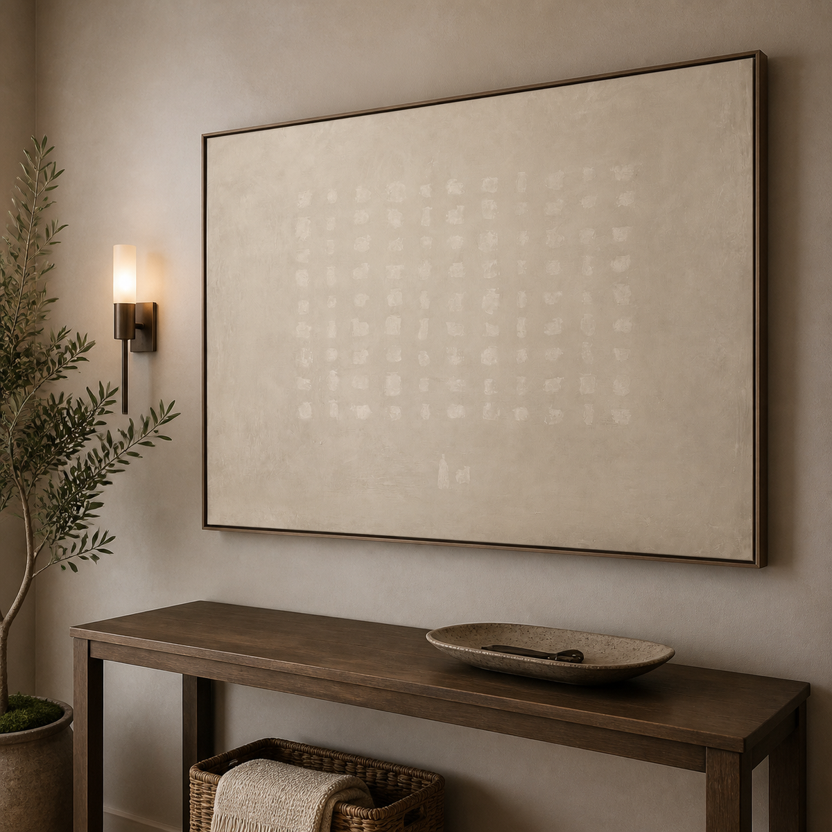 Neutral ivory textured wall art with a subtle white grid pattern displayed above a wooden dining table.