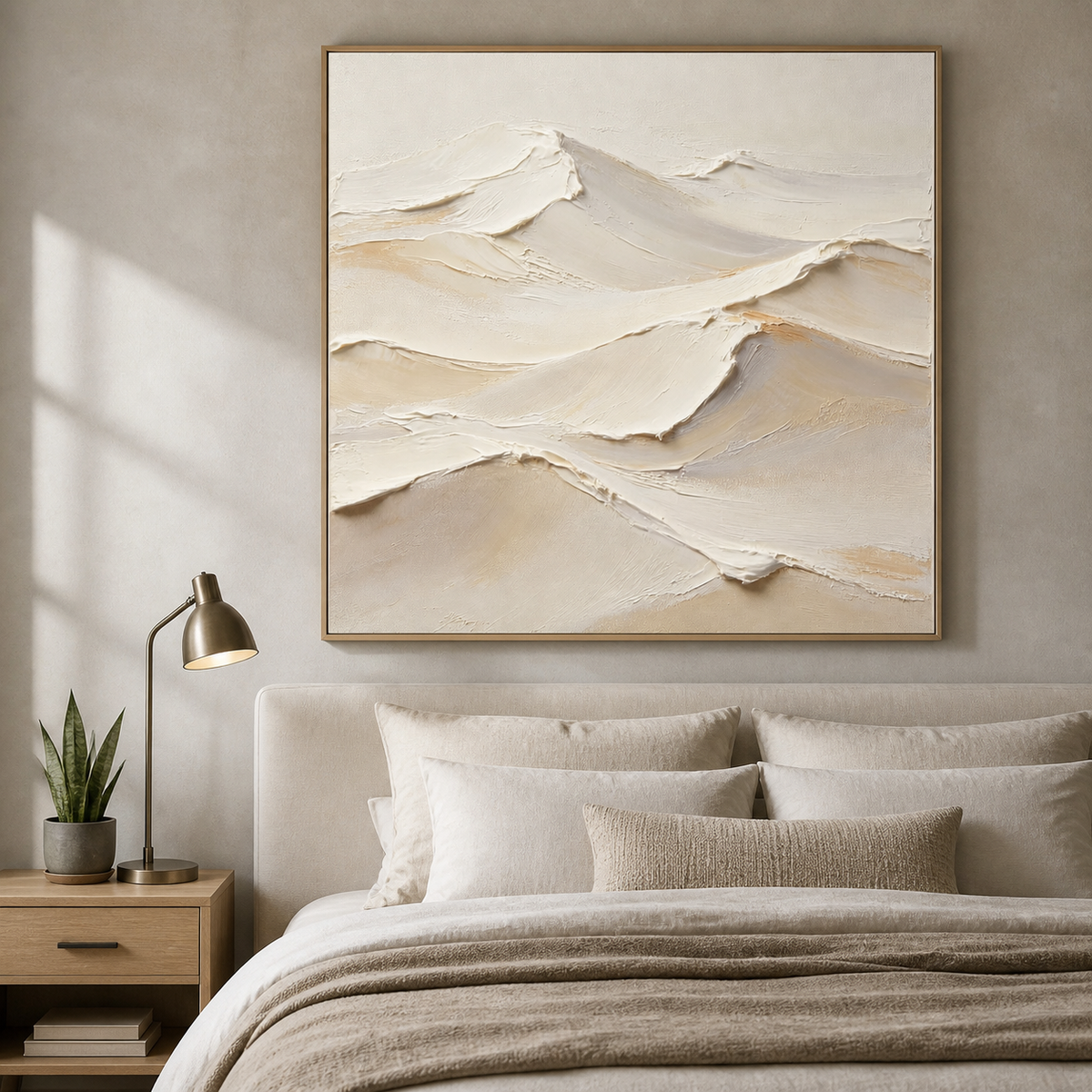 Square neutral textured wall art with layered ivory and beige wave forms displayed above a modern bedroom bed.