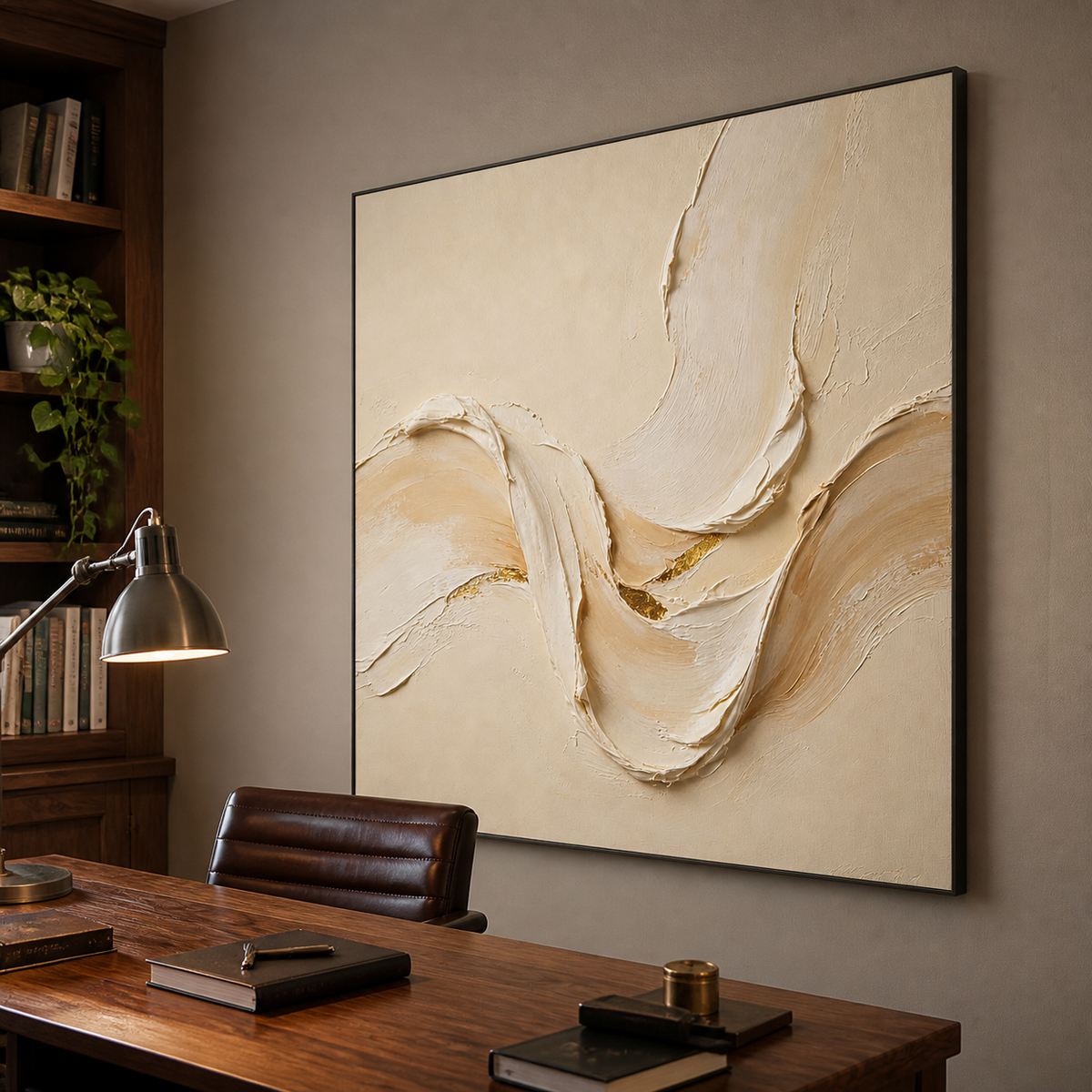 Square neutral textured wall art with flowing ivory and cream sculptural forms and gold accents displayed above a wooden dining table.